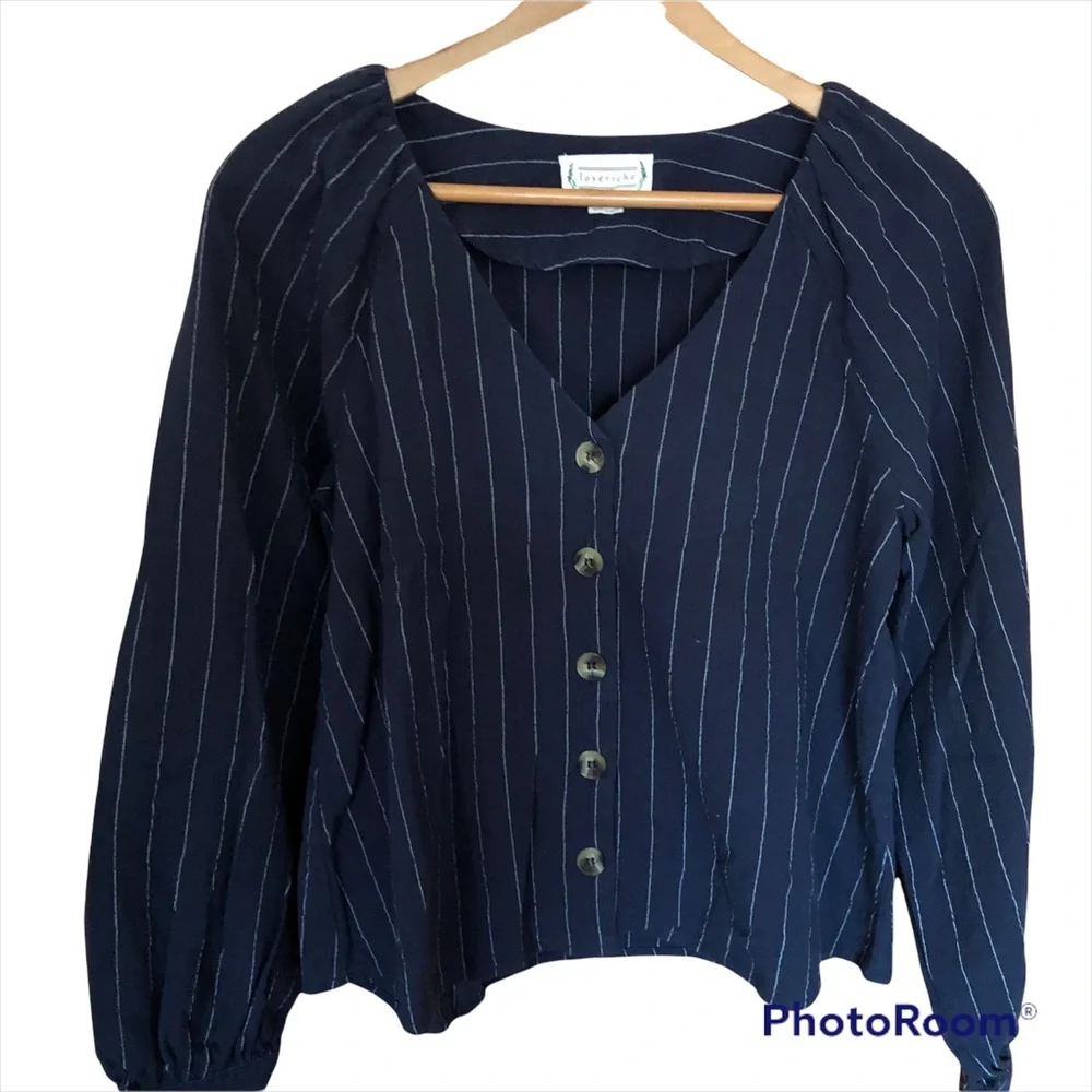 LOVERICHE VNECK BUTTON UP BLOUSE LONG SLEEVE NAVY WITH STRIPES SHIRT SIZE SMALL - Picture 1 of 6
